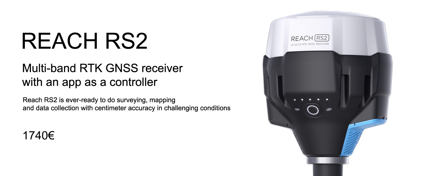 Reach RS2 Multi-band RTK GNSS receiver with an app as a controller. 1740 Euros.